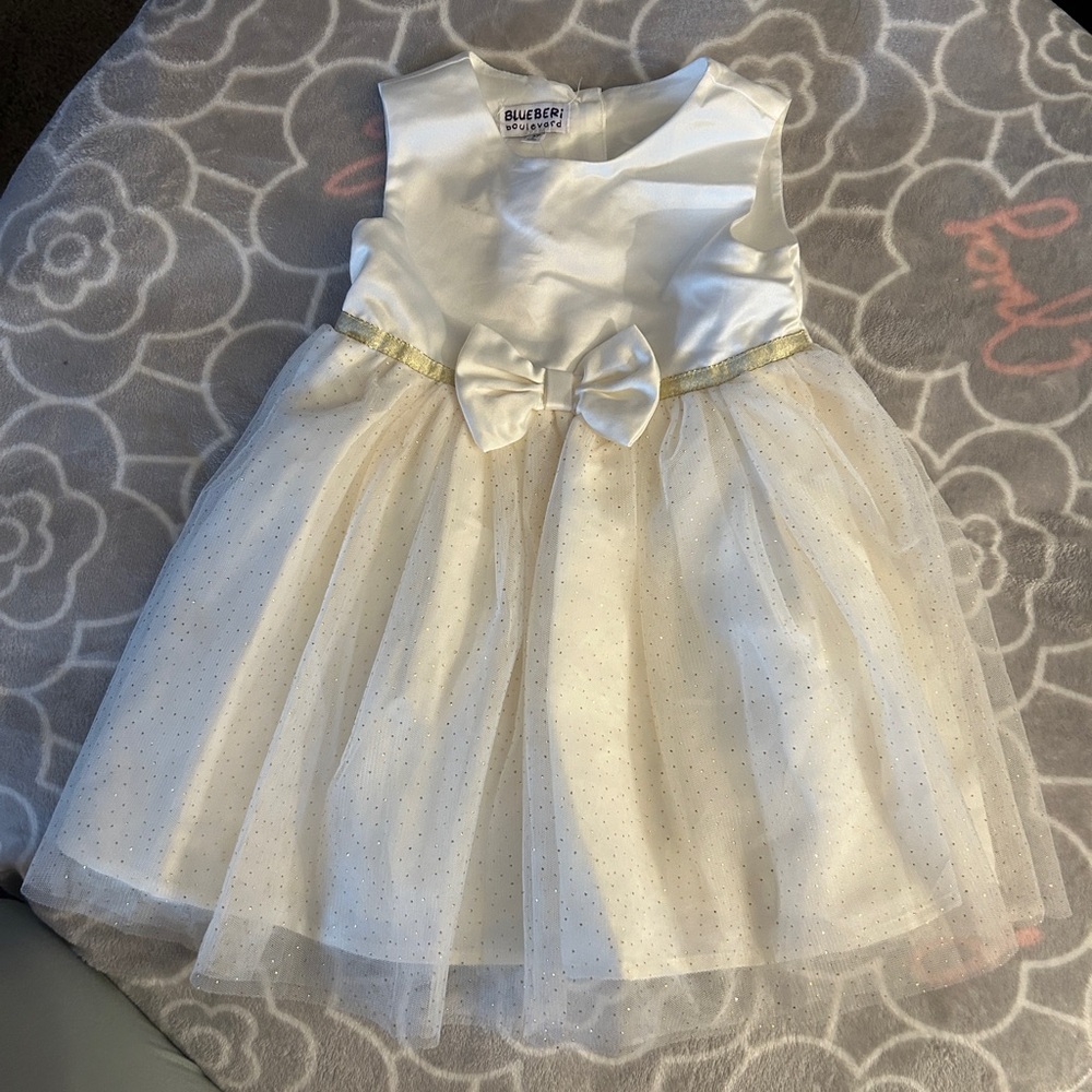 Blueberi Boulevard White and Gold Tulle Dress